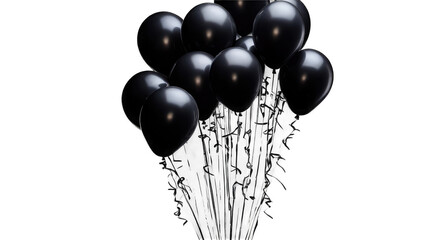 A cluster of black balloons with colorful confetti streamers against a transparent background