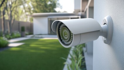 Security camera mounted on the exterior wall of a house overlooking a green lawn and a blurred background.
