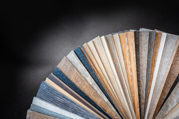 Sample of wood laminated materials in natural collection. Set of wooden veneer texture or MDF board swatch fan for interior finishing or furniture design
