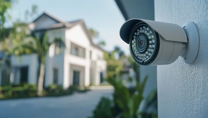 A close-up of a security camera mounted on a white wall with a blurred background of a house and trees.