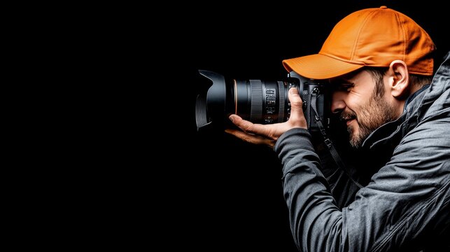 hipster man holding a camera and taking a photo Over black Studio Background.