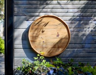 Fototapeta premium front view wooden wall showcases a circular signboard ready for customer design on wall in a city