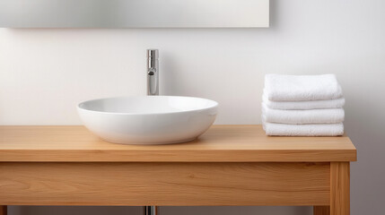 Fototapeta premium modern bathroom featuring wooden vanity, white sink, and neatly stacked towels creates serene and inviting atmosphere
