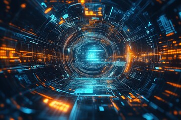 Fototapeta premium Cyber tunnel with blue and orange digital patterns