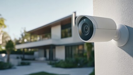 Security camera mounted on a white wall with a modern house in the background.
