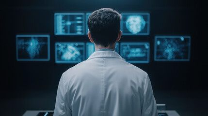 scientist in white coat stands at control panel, observing data on multiple screens. atmosphere is focused and high tech, showcasing advanced technology in laboratory setting