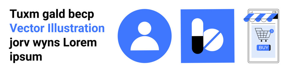 Three primary elements include a user profile icon, a healthcare pill symbol, and a shopping cart on a mobile device. Ideal for user interfaces, healthcare apps, e-commerce sites, digital marketing
