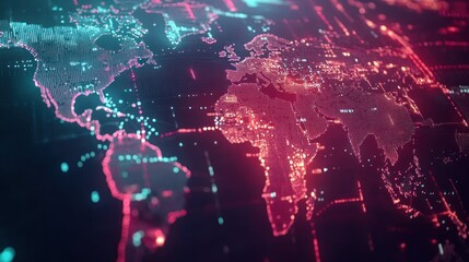 Fototapeta premium Global network connection, digital world map with glowing lines and nodes.