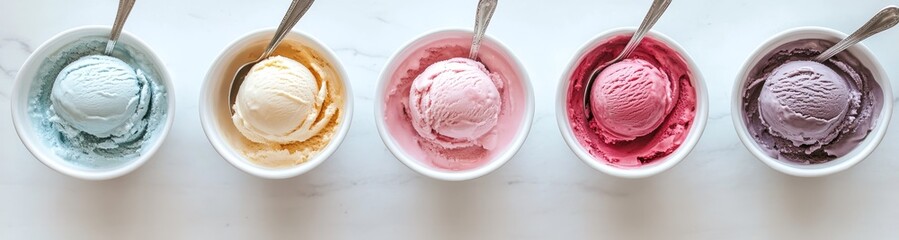 Five scoops of ice cream in white bowls on a marble surface.