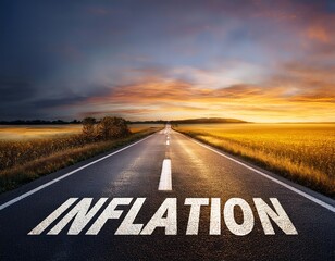 Inflation increasing with sunset on the horizon of country road