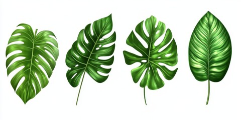 Four tropical green leaves isolated on a white background.