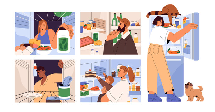 People looking at refrigerator set. Men and women choosing food inside empty or full of products open fridge. Characters check eating on grocery shelves. Flat isolated vector illustrations on white