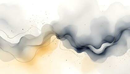 Obraz premium Colorful blurred defocused watercolour abstract background design. Soft watercolor background in pastel yellow and pale grey, overlaid with elegant gold line art and subtle paintbrush effects