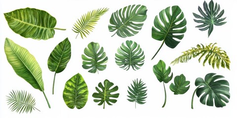 Collection of green tropical leaves on white background.