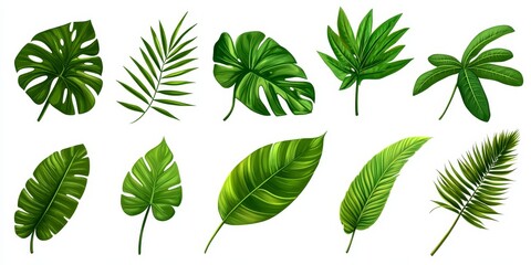 Collection of tropical leaves isolated on white background.