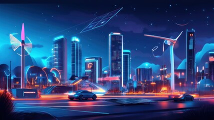 Futuristic city skyline at night with renewable energy sources and electric vehicles.