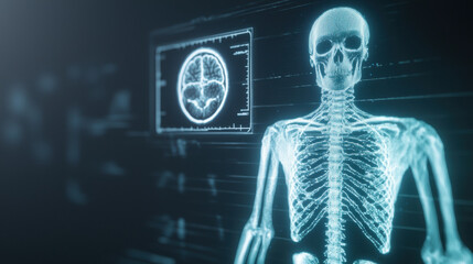 3D rendering of holographic projection displaying human skeleton and brain scan, showcasing advanced medical technology and visualization techniques