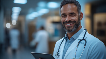Fototapeta premium Smiling doctor using a tablet computer
