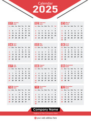 2025 Calendar vector, Calendar date planner 2025 Editable design. Diary planner 2025.