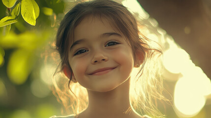 A young girl in a pretty dress, posing outdoors in a garden with colorful flowers and soft natural light 
