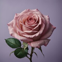 A close-up of a pink rose on a pale lavender backdrop.

