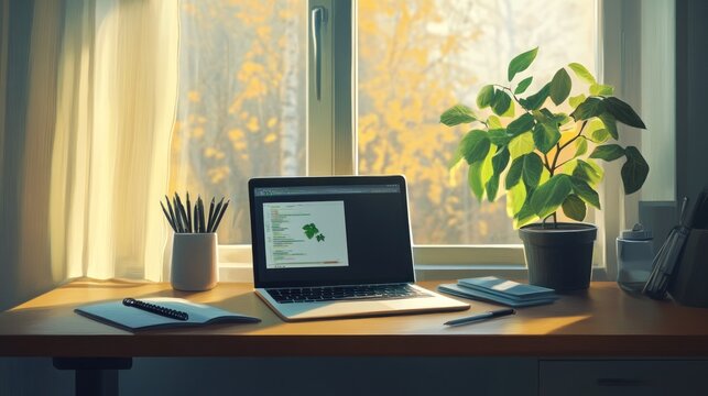Autumn Window Workspace Illustration: Laptop, Plant, and Sunlight