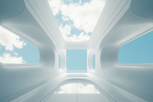 A view from the bottom of a futuristic white building with skylights, showing the clouds and blue sky above.