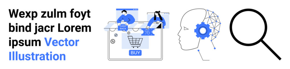 Business figures inside a shopping cart interface, gear in a head symbolizing AI, magnifying glass. Ideal for e-commerce, AI, technology, business intelligence, innovation, analytics research