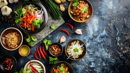  Asian food background with various ingredients on rustic stone background