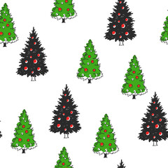 Vector seamless pattern with Christmas trees. New year symbols. Endless texture with holiday decorations.