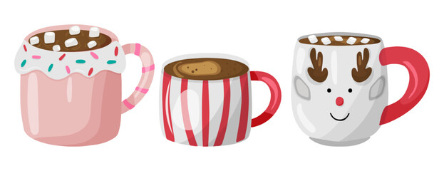 Christmas hot drink set. Holiday cute mugs hot cocoa, coffee, milk, cream. New year drinks decorated holly and candy. Isolated 