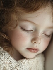 Close-up of a sleeping child with freckles and red hair, wrapped in a cozy blanket, conveying serene innocence.