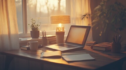 Golden Hour Workspace Illustration: Laptop, Notebooks, and Plants by Window