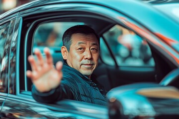 Obraz premium Mature man waves from car window in bustling urban street, conveying warmth and connection with passerby.