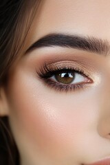 Obraz premium Detailed macro of shimmering eyeshadow on closed eyelid, showcasing intricate eyebrow styling and flawless complexion.