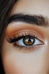 Obraz premium Intense focus on an eye showcasing detailed makeup application with shimmering eyeshadow and defined eyelashes.
