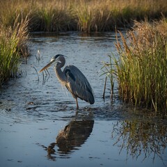 A heron wading through a serene marsh with reeds swaying in the wind.
