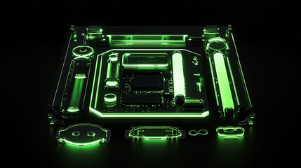 Upgrade, repair of desktop computers concept. Gaming computer glow in dark table. Glowing computer parts on motherboard inside transparent computer case of system box with glowing computers parts.