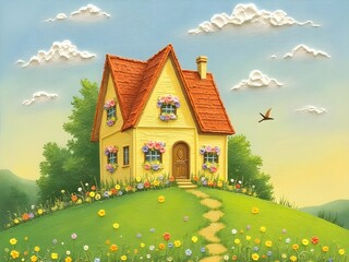 House Sun Cloud Flower Meadow