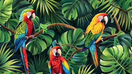 Fototapeta premium A seamless pattern of tropical leaves and parrots.