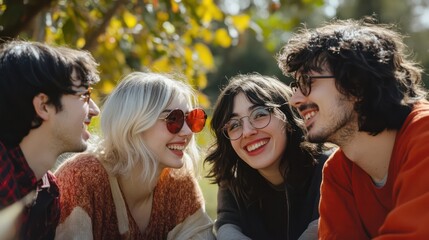 Obraz premium A close group of friends enjoying a sunny day, with a bright green backdrop for friendship