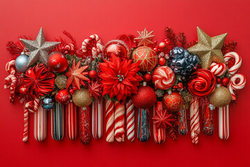 Vivid red Christmas background with gifts, tassels and fir tree. Generative AI