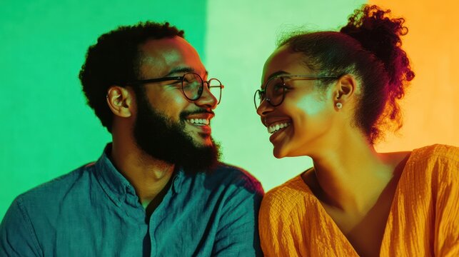 A couple chatting over a video call, with a vibrant green background symbolizing a long-distance relationship