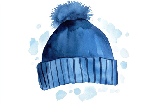 recommend clip art: Blue winter hat with a pompom in watercolor style on a white background, suitable for winter-themed cards, posters, clipart, and cozy seasonal illustrations.