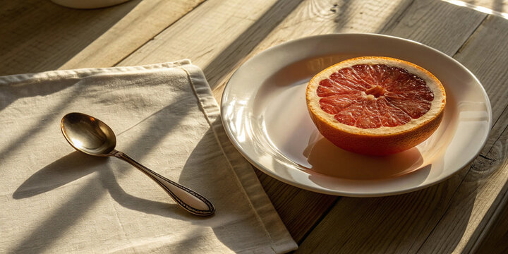 Fresh grapefruit half on rustic table with spoon in natural sunlight
