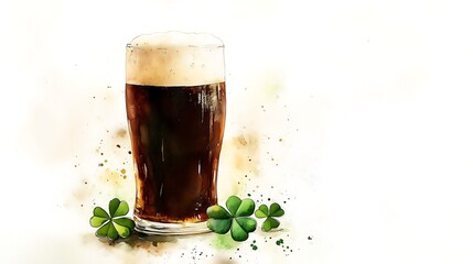 Watercolor illustration cold dark stout Guinness beer close up St Patrick's Day traditional alcoholic drink, green golden bokeh lightning effect background, religious holiday	
