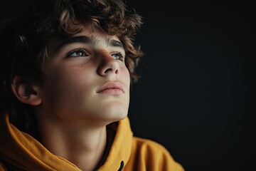 Teen boy in yellow hoodie looking up thoughtfully