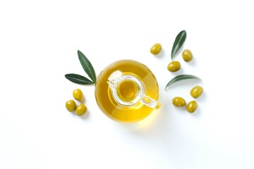 Bottle of fresh olive oil and olives with leaves on white background
