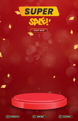 super sale discount portait template banner with blank space 3d podium for social media post product sale with abstract gradient red background design2