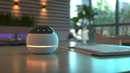 Smart speaker on the table. Smart column with voice control executes the voice command and controls the Internet of things. 